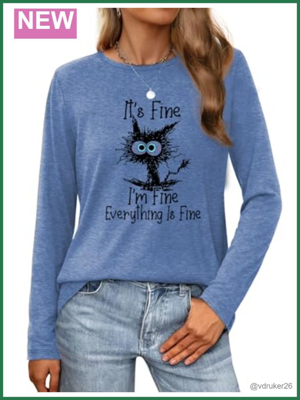 Women's Long Sleeve Crewneck Cat Graphic Tee Loose Fit Casual Top